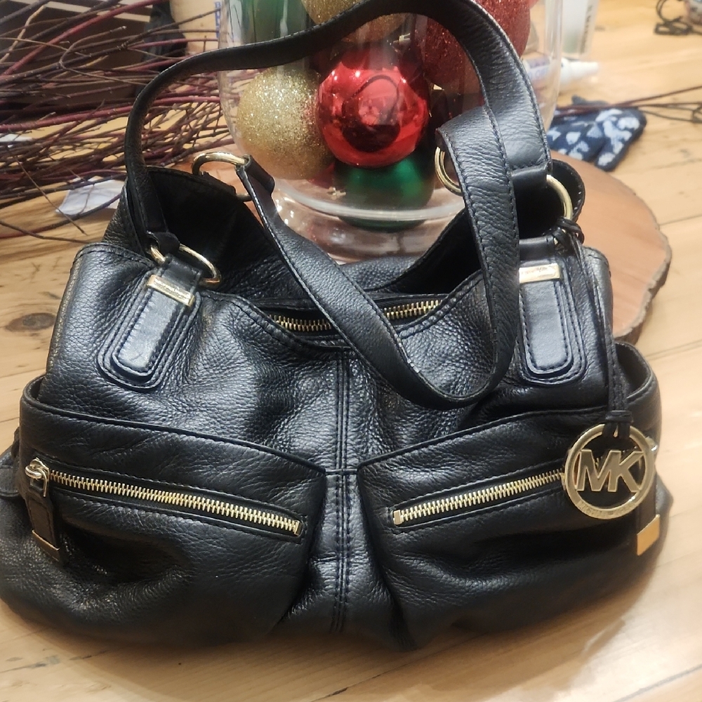 Michael Kors Black Leather Shoulder Bag with Gold Accents